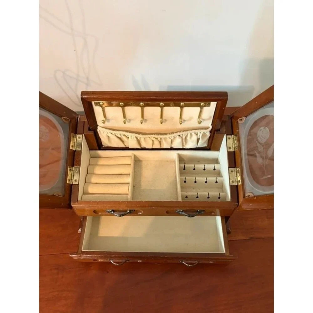 Vintage Wood Jewelry Box Double Etched Glass Rose Lids